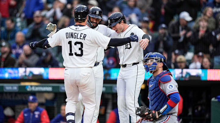 Detroit Tigers catcher Dillon Dingler celebrates a three run home run against the Texas Rangers.