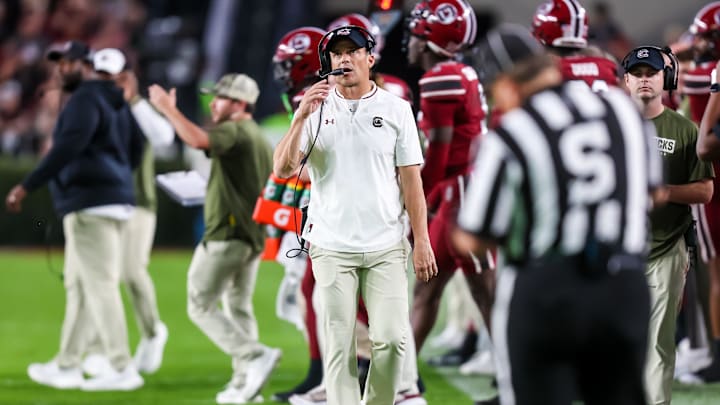 Nov 22, 2025; Columbia, South Carolina, USA; South Carolina Gamecocks head coach Shane Beamer directs team against the Coastal Carolina Chanticleers his  in the second quarter at Williams-Brice Stadium. Mandatory Credit: Jeff Blake-Imagn Images