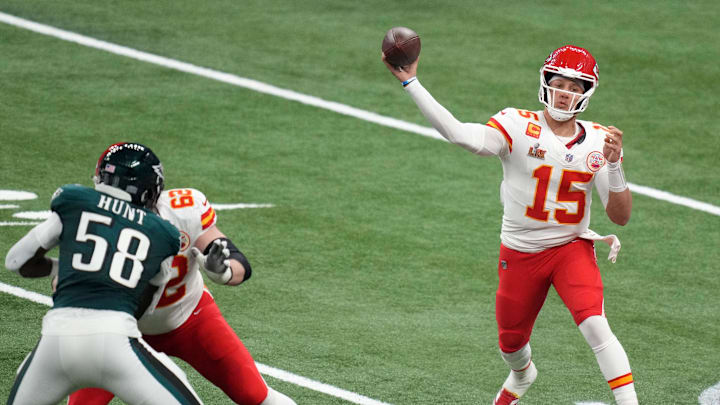Feb 9, 2025; New Orleans, LA, USA; Kansas City Chiefs quarterback Patrick Mahomes (15) throws a pass against the Philadelphia Eagles during the third quarter in Super Bowl LIX at Caesars Superdome. Mandatory Credit: Kirby Lee-Imagn Images