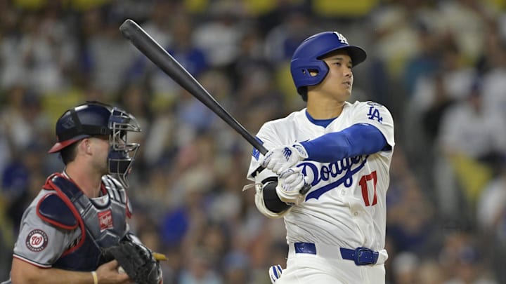 Jun 20, 2025; Los Angeles, California, USA;  Los Angeles Dodgers designated hitter Shohei Ohtani (17) strikes out in the eighth inning against the Washington Nationals at Dodger Stadium. Mandatory Credit: Jayne Kamin-Oncea-Imagn Images