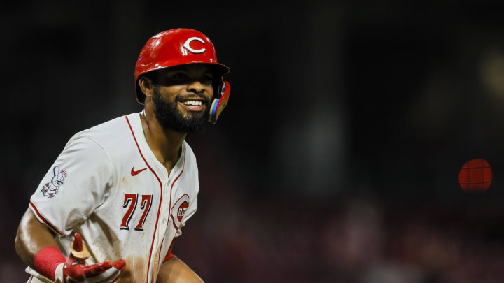 Jul 9, 2024; Cincinnati, Ohio, USA; Cincinnati Reds outfielder Rece Hinds (77) reacts after hitting a solo home run in the seventh inning against the Colorado Rockies at Great American Ball Park. Mandatory Credit: Katie Stratman-USA TODAY Sports
