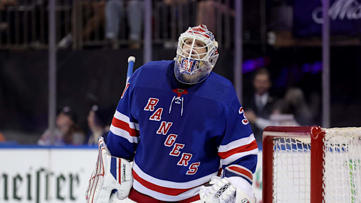 Dec 12, 2023; New York, New York, USA; New York Rangers goaltender Igor Shesterkin (31) reacts