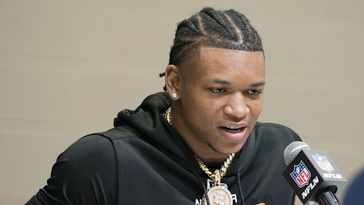 Colorado wideout Jimmy Horn (WO20) speaks during a press conference during the 2025 NFL Combine at Indiana Convention Center. Mandatory Credit: Stephanie Amador Blondet-Imagn Images, Feb 28, 2025; Indianapolis, IN, USA; 