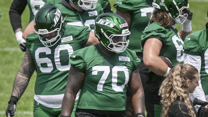 Jun 11, 2025; Florham Park, NY, USA; New York Jets offensive tackle Armand Membou (70) participates in a drill during minicamp at Atlantic Health Jets Training Center. Mandatory Credit: John Jones-Imagn Images