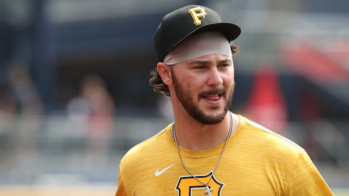 Aug 6, 2025; Pittsburgh, Pennsylvania, USA;  Pittsburgh Pirates pitcher Paul Skenes (30) looks on before the game against the San Francisco Giants at PNC Park. Mandatory Credit: Charles LeClaire-Imagn Images