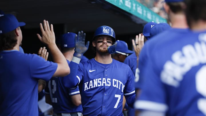 Aug 24, 2025; Detroit, Michigan, USA; Kansas City Royals shortstop Bobby Witt Jr. (7) celebrates with teammates after scoring a run in the sixth inning against the Detroit Tigers at Comerica Park. Mandatory Credit: Brian Bradshaw Sevald-Imagn Images