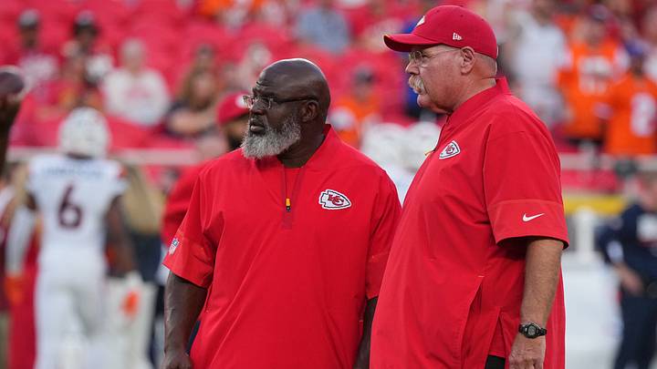 Sep 14, 2026; Kansas City, Missouri, USA;  Kansas City Chiefs head coach Andy Reid and offensive coordinator Eric Bieniemy talk before the game at GEHA Field at Arrowhead Stadium.  Mandatory Credit: Denny Medley-Imagn Images