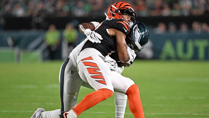 Aug 28, 2026; Philadelphia, Pennsylvania, USA; Cincinnati Bengals wide receiver Ke'shawn Williams (12) is tackled by Philadelphia Eagles cornerback Mac McWilliams (22) during the first half at Lincoln Financial Field. Mandatory Credit: Eric Hartline-Imagn Images Aug 28, 2026; Philadelphia, Pennsylvania, USA; Cincinnati Bengals wide receiver Ke'shawn Williams (12) is tackled by Philadelphia Eagles cornerback Mac McWilliams (22) during the first half at Lincoln Financial Field. Mandatory Credit: Eric Hartline-Imagn Images