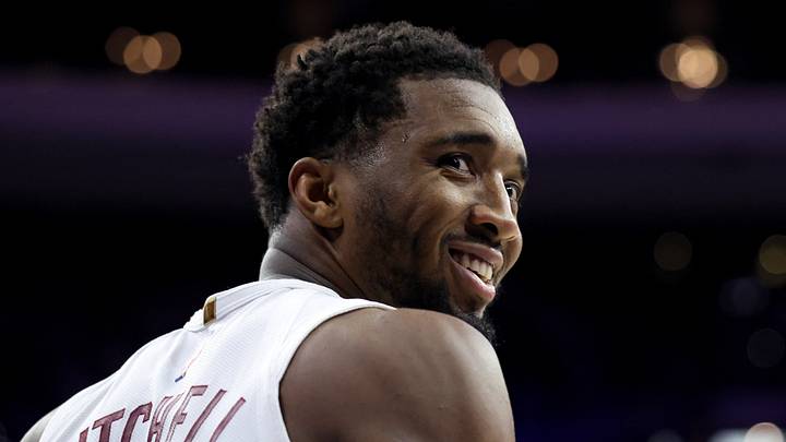 Jan 14, 2026; Philadelphia, Pennsylvania, USA; Cleveland Cavaliers guard Donovan Mitchell (45) smiles after a play against the Philadelphia 76ers during the fourth quarter at Xfinity Mobile Arena. Mandatory Credit: Bill Streicher-Imagn Images