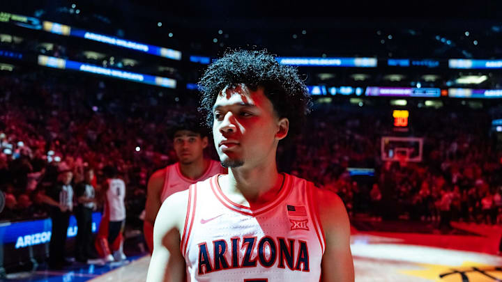 Dec 20, 2025; Phoenix, Arizona, USA; Arizona Wildcats guard Brayden Burries (5) against the San Diego State Aztecs during the Hall of Fame Series at Mortgage Matchup Center. Mandatory Credit: Mark J. Rebilas-Imagn Images Dec 20, 2025; Phoenix, Arizona, USA; Arizona Wildcats guard Brayden Burries (5) against the San Diego State Aztecs during the Hall of Fame Series at Mortgage Matchup Center. Mandatory Credit: Mark J. Rebilas-Imagn Images