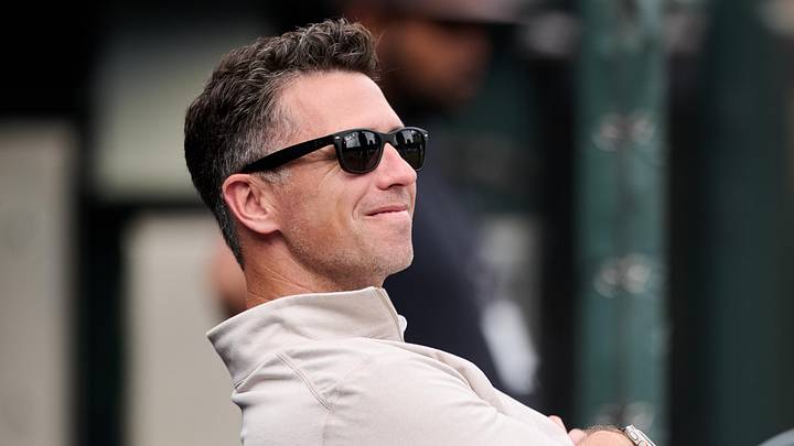 San Francisco, California, USA; San Francisco Giants president of baseball operations Buster Posey sits in the dugout before the game against the Arizona Diamondbacks at Oracle Park. Mandatory Credit: Robert Edwards-Imagn Images