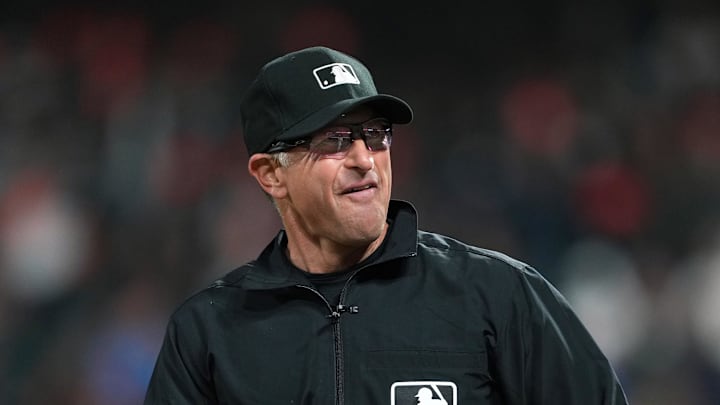 Third base umpire Chris Guccione (68) during the ninth inning of the game between the San Francisco Giants and the Washington Nationals at Oracle Park in 2024. Third base umpire Chris Guccione (68) during the ninth inning of the game between the San Francisco Giants and the Washington Nationals at Oracle Park in 2024.