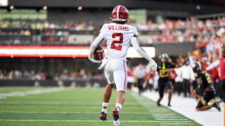 Oct 5, 2024; Nashville, Tennessee, USA;  Alabama Crimson Tide wide receiver Ryan Williams (2) backs into the end zone for a touchdown against the Vanderbilt Commodores during the second half at FirstBank Stadium. Mandatory Credit: Steve Roberts-Imagn Images