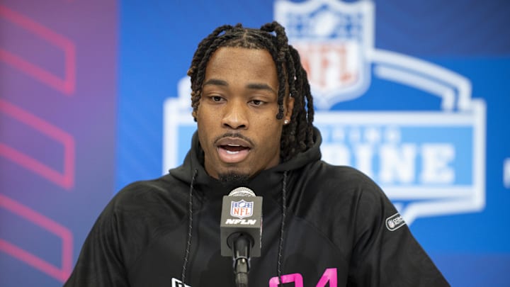 Feb 27, 2025; Indianapolis, IN, USA; Texas defensive back Jahdae Barron (DB04) during the 2025 NFL Combine at Lucas Oil Stadium. Mandatory Credit: Tanner Pearson-Imagn Images