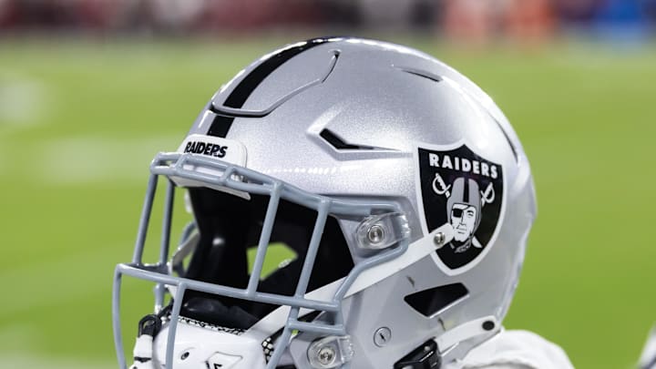 Aug 23, 2025; Glendale, Arizona, USA; Detailed view of a Las Vegas Raiders helmet during a preseason NFL game at State Farm Stadium. Mandatory Credit: Mark J. Rebilas-Imagn Images Aug 23, 2025; Glendale, Arizona, USA; Detailed view of a Las Vegas Raiders helmet during a preseason NFL game at State Farm Stadium. Mandatory Credit: Mark J. Rebilas-Imagn Images