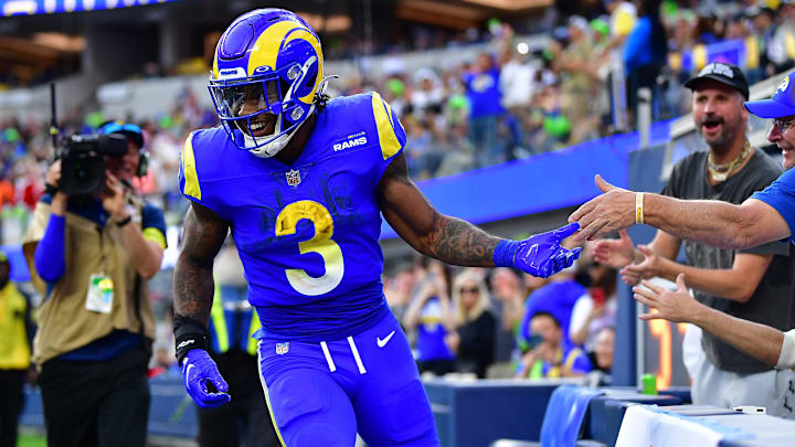 Dec 25, 2022; Inglewood, California, USA; Los Angeles Rams running back Cam Akers (3) celebrates his touchdown scored against the Denver Broncos during the first half at SoFi Stadium. Mandatory Credit: Gary A. Vasquez-Imagn Images Dec 25, 2022; Inglewood, California, USA; Los Angeles Rams running back Cam Akers (3) celebrates his touchdown scored against the Denver Broncos during the first half at SoFi Stadium. Mandatory Credit: Gary A. Vasquez-Imagn Images