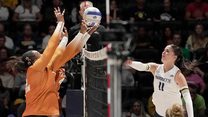Marquette opposite Tani Juric (11) has has her shot blocked during their match against Texas Monday, August 24, 2026 at Fiserv Forum in Milwaukee, Wisconsin. The match was part of the four-day American Volleyball Association First Serve event. Marquette opposite Tani Juric (11) has has her shot blocked during their match against Texas Monday, August 24, 2026 at Fiserv Forum in Milwaukee, Wisconsin. The match was part of the four-day American Volleyball Association First Serve event.