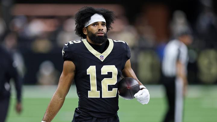 Oct 5, 2025; New Orleans, Louisiana, USA; New Orleans Saints wide receiver Chris Olave (12) walks on the sideline during the second half at Caesars Superdome. Mandatory Credit: Stephen Lew-Imagn Images