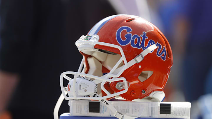Nov 27, 2021; Gainesville, Florida, USA; A detail view of Florida Gators helmet during the second