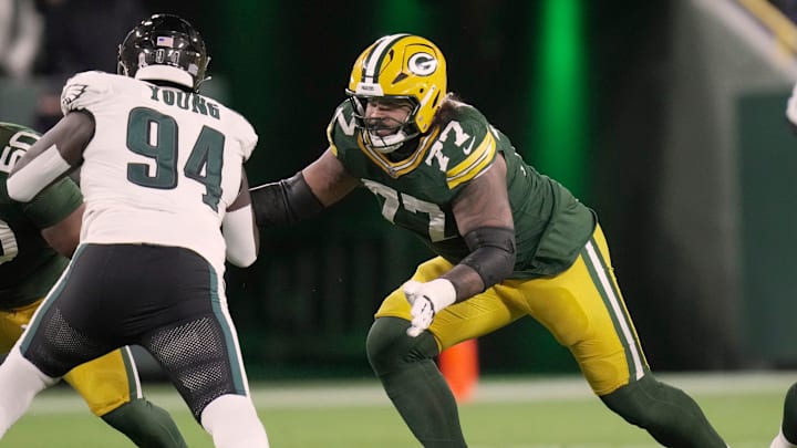 Green Bay Packers offensive tackle Jordan Morgan (77) is shown during the third quarter of their game against the Philadelphia Eagles Monday, November 10, 2025 at Lambeau Field in Green Bay, Wisconsin. Green Bay Packers offensive tackle Jordan Morgan (77) is shown during the third quarter of their game against the Philadelphia Eagles Monday, November 10, 2025 at Lambeau Field in Green Bay, Wisconsin.