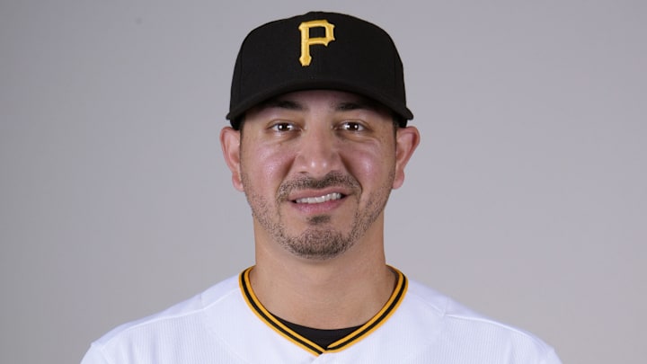 Feb 22, 2023; Bradenton, FL, USA; Pittsburgh Pirates starting pitcher Vince Velasquez (27) poses for