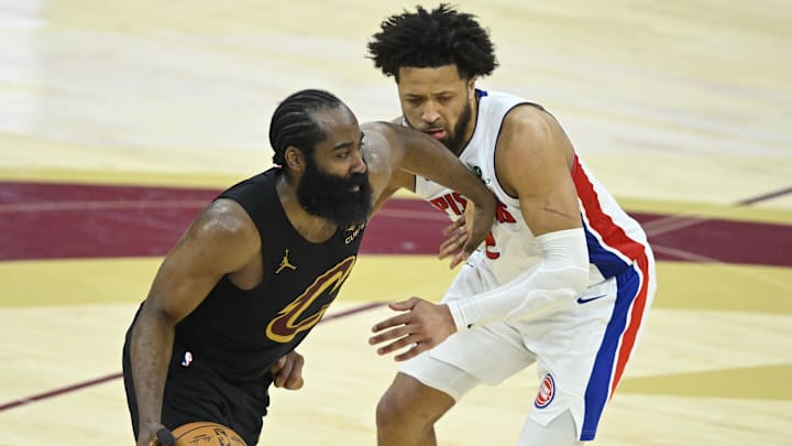 Mar 3, 2026; Cleveland, Ohio, USA; Cleveland Cavaliers guard James Harden (1) dribbles beside Detroit Pistons guard Cade Cunningham (2) in the fourth quarter at Rocket Arena. Mandatory Credit: David Richard-Imagn Images