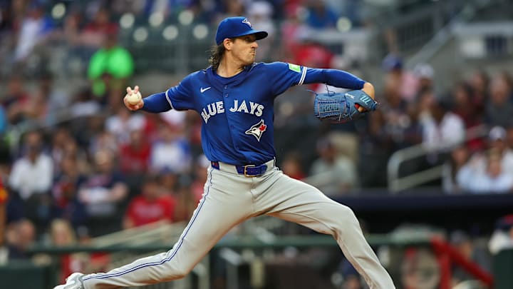 Toronto Blue Jays starting pitcher Kevin Gausman (34) throws against the Atlanta Braves in the first inning at Truist Park on Sept 6. Toronto Blue Jays starting pitcher Kevin Gausman (34) throws against the Atlanta Braves in the first inning at Truist Park on Sept 6.