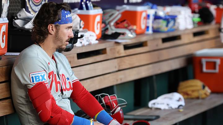 Sep 16, 2026; Washington, District of Columbia, USA; Philadelphia Phillies second baseman Bryson Stott (5) puts on his batting gloves in the dugout prior to the Phillies' game against the Washington Nationals at Nationals Park. Mandatory Credit: Geoff Burke-Imagn Images Sep 16, 2026; Washington, District of Columbia, USA; Philadelphia Phillies second baseman Bryson Stott (5) puts on his batting gloves in the dugout prior to the Phillies' game against the Washington Nationals at Nationals Park. Mandatory Credit: Geoff Burke-Imagn Images
