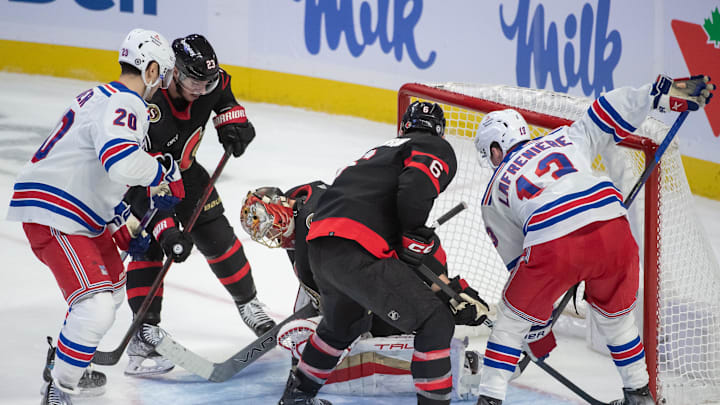 Dec 5, 2023; Ottawa, Ontario, CAN; Ottawa Senators goalie Anton Forsgerg (31) makes a save in front