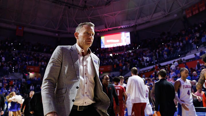 Feb 1, 2026; Gainesville, Florida, USA; Alabama Crimson Tide head coach Nate Oats walks to the locker room after a game against the Florida Gators at Exactech Arena at the Stephen C. O'Connell Center. Mandatory Credit: Matt Pendleton-Imagn Images