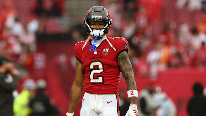 Jan 3, 2026; Tampa, Florida, USA; Tampa Bay Buccaneers wide receiver Emeka Egbuka (2) warms up before the game against the Carolina Panthers at Raymond James Stadium. Mandatory Credit: Nathan Ray Seebeck-Imagn Images