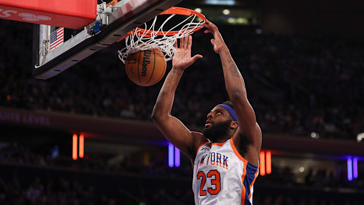 New York Knicks center Mitchell Robinson (23) dunks the ball during the second half against the Portland Trail Blazers.