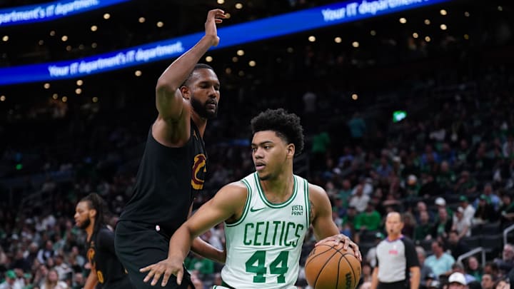May 9, 2024; Boston, Massachusetts, USA; Boston Celtics guard Jaden Springer (44) drives the ball against Cleveland Cavaliers forward Evan Mobley (4) in the second half during game two of the second round for the 2024 NBA playoffs at TD Garden. Mandatory Credit: David Butler II-Imagn Images May 9, 2024; Boston, Massachusetts, USA; Boston Celtics guard Jaden Springer (44) drives the ball against Cleveland Cavaliers forward Evan Mobley (4) in the second half during game two of the second round for the 2024 NBA playoffs at TD Garden. Mandatory Credit: David Butler II-Imagn Images