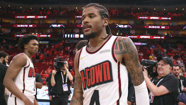 Houston Rockets guard Jalen Green walks off the court after game seven of the first round for the NBA Playoffs.