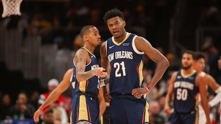 Dec 2, 2024; Atlanta, Georgia, USA; New Orleans Pelicans guard Dejounte Murray (5) talks to center Yves Missi (21) against the Atlanta Hawks in the second quarter at State Farm Arena. Mandatory Credit: Brett Davis-Imagn Images
