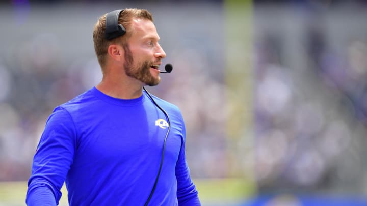 Aug 11, 2024; Inglewood, California, USA; Los Angeles Rams head coach Sean McVay watches game action against the Dallas Cowboys during the first half at SoFi Stadium. Mandatory Credit: Gary A. Vasquez-USA TODAY Sports Aug 11, 2024; Inglewood, California, USA; Los Angeles Rams head coach Sean McVay watches game action against the Dallas Cowboys during the first half at SoFi Stadium. Mandatory Credit: Gary A. Vasquez-USA TODAY Sports