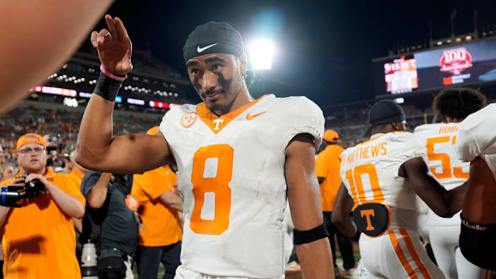 Tennessee Volunteers quarterback Nico Iamaleava (8) celebrates after a college football game between the University of Oklahoma Sooners (OU) and the Tennessee Volunteers at Gaylord Family - Oklahoma Memorial Stadium in Norman, Okla., Saturday, Sept. 21, 2024.