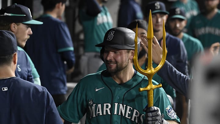 Aug 21, 2023; Chicago, Illinois, USA;  Seattle Mariners catcher Cal Raleigh (29) celebrates in the