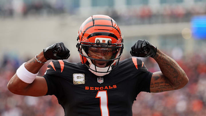 Nov 2, 2025; Cincinnati, Ohio, USA; Cincinnati Bengals wide receiver Ja'Marr Chase (1) celebrates after scoring a touchdown against the Chicago Bears during the second quarter at Paycor Stadium. Mandatory Credit: Joseph Maiorana-Imagn Images