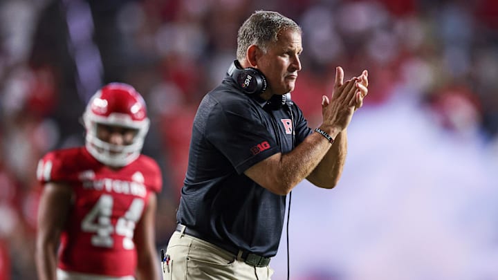 Aug 29, 2024; Piscataway, New Jersey, USA; Rutgers Scarlet Knights head coach Greg Schiano reacts after a Scarlet Knights touchdown during the second half against the Howard Bison at SHI Stadium. Aug 29, 2024; Piscataway, New Jersey, USA; Rutgers Scarlet Knights head coach Greg Schiano reacts after a Scarlet Knights touchdown during the second half against the Howard Bison at SHI Stadium.