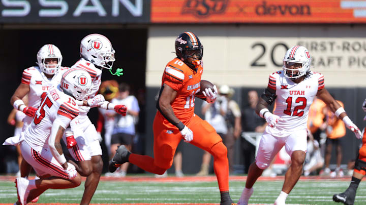 Oklahoma State's Rashod Owens (10) rushes after a reception in the first half of the college football between the Oklahoma State University Cowboys and the Utah Utes at Boone Pickens Stadium in Stillwater, Okla., Saturday, Sept., 21, 2024.