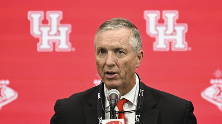 Jul 10, 2024; Las Vegas, NV, USA; Houston Cougars head coach Willie Fritz speaks to the media during the Big 12 Media Days at Allegiant Stadium. Mandatory Credit: Candice Ward-Imagn Images