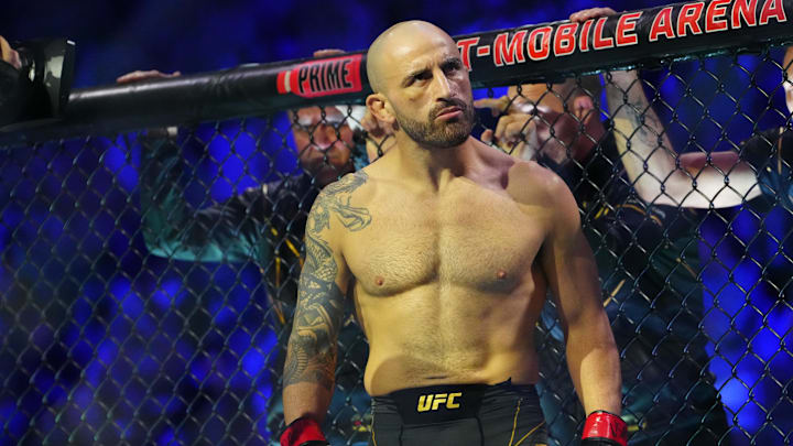 Jul 8, 2023; Las Vegas, Nevada, USA; Alexander Volkanovski (red gloves) prior to the fight against
