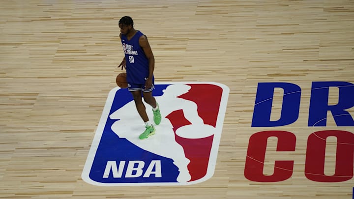 May 14, 2024; Chicago, IL, USA; Bronny James (50) participates in drills during the 2024 NBA Draft Combine  at Wintrust Arena. Mandatory Credit: David Banks-USA TODAY Sports