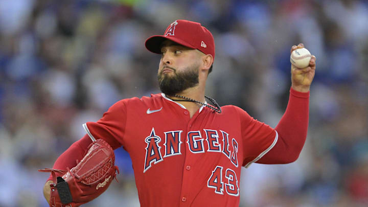 Jun 21, 2024; Los Angeles, California, USA;  Los Angeles Angels starting pitcher Patrick Sandoval (43) delivers to the plate in the second inning against the Los Angeles Dodgers at Dodger Stadium. Mandatory Credit: Jayne Kamin-Oncea-Imagn Images