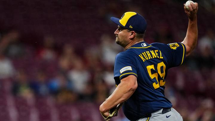 Jun 24, 2026; Cincinnati, Ohio, USA; Milwaukee Brewers pitcher Joel Kuhnel (59) throws against the Cincinnati Reds in the ninth inning at Great American Ball Park. Mandatory Credit: Aaron Doster-Imagn Images Jun 24, 2026; Cincinnati, Ohio, USA; Milwaukee Brewers pitcher Joel Kuhnel (59) throws against the Cincinnati Reds in the ninth inning at Great American Ball Park. Mandatory Credit: Aaron Doster-Imagn Images