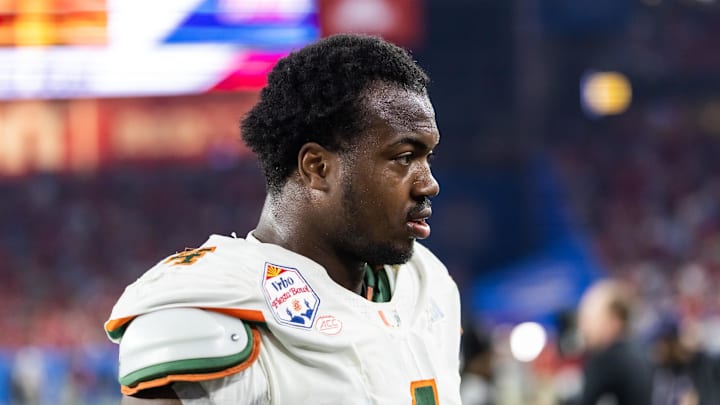 Jan 8, 2026; Glendale, AZ, USA; Miami Hurricanes defensive lineman Rueben Bain Jr. (4) against the Mississippi Rebels during the 2026 Fiesta Bowl and semifinal game of the College Football Playoff at State Farm Stadium. Mandatory Credit: Mark J. Rebilas-Imagn Images Jan 8, 2026; Glendale, AZ, USA; Miami Hurricanes defensive lineman Rueben Bain Jr. (4) against the Mississippi Rebels during the 2026 Fiesta Bowl and semifinal game of the College Football Playoff at State Farm Stadium. Mandatory Credit: Mark J. Rebilas-Imagn Images