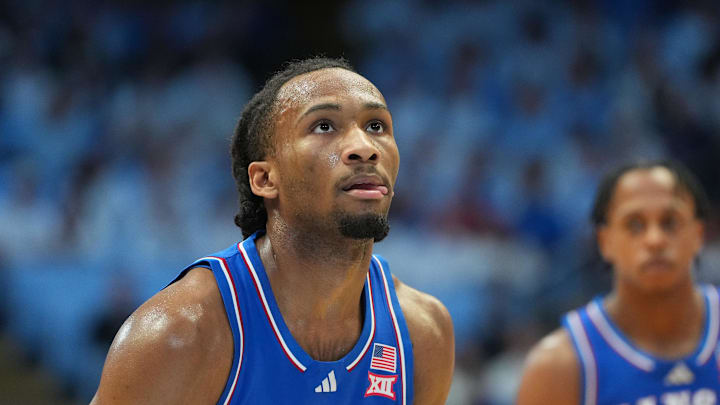 Nov 7, 2025; Chapel Hill, North Carolina, USA; Kansas Jayhawks guard Darryn Peterson (22) at the free throw line in the first half at Dean E. Smith Center. Mandatory Credit: Bob Donnan-Imagn Images Nov 7, 2025; Chapel Hill, North Carolina, USA; Kansas Jayhawks guard Darryn Peterson (22) at the free throw line in the first half at Dean E. Smith Center. Mandatory Credit: Bob Donnan-Imagn Images