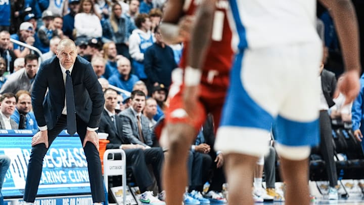 Kentucky head coach Mark Pope tried rally his team during the game against visiting Arkansas but the Wildcats lost to the Hogs 89-79 Saturday Feb. 1, 2025 at Rupp Arena in Lexington, Kentucky.