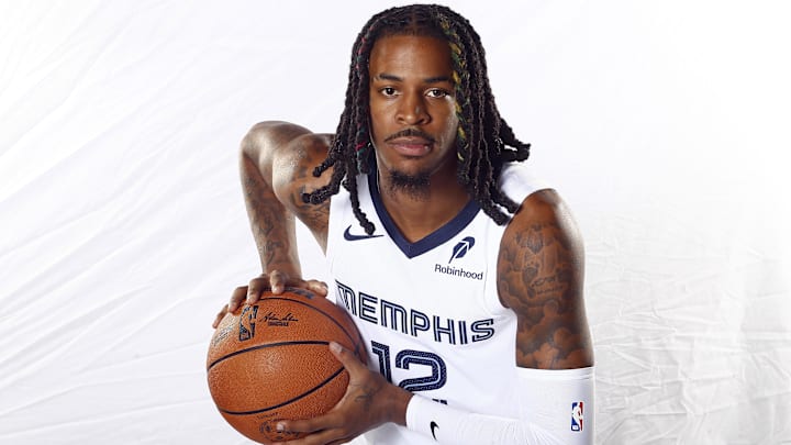 Sep 30, 2024; Memphis, TN, USA; Memphis Grizzlies guard Ja Morant (12) during media day at FedEx Forum. Mandatory Credit: Petre Thomas-Imagn Images